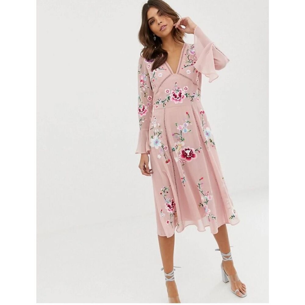ASOS pink embroidered bell sleeve pink dress 8